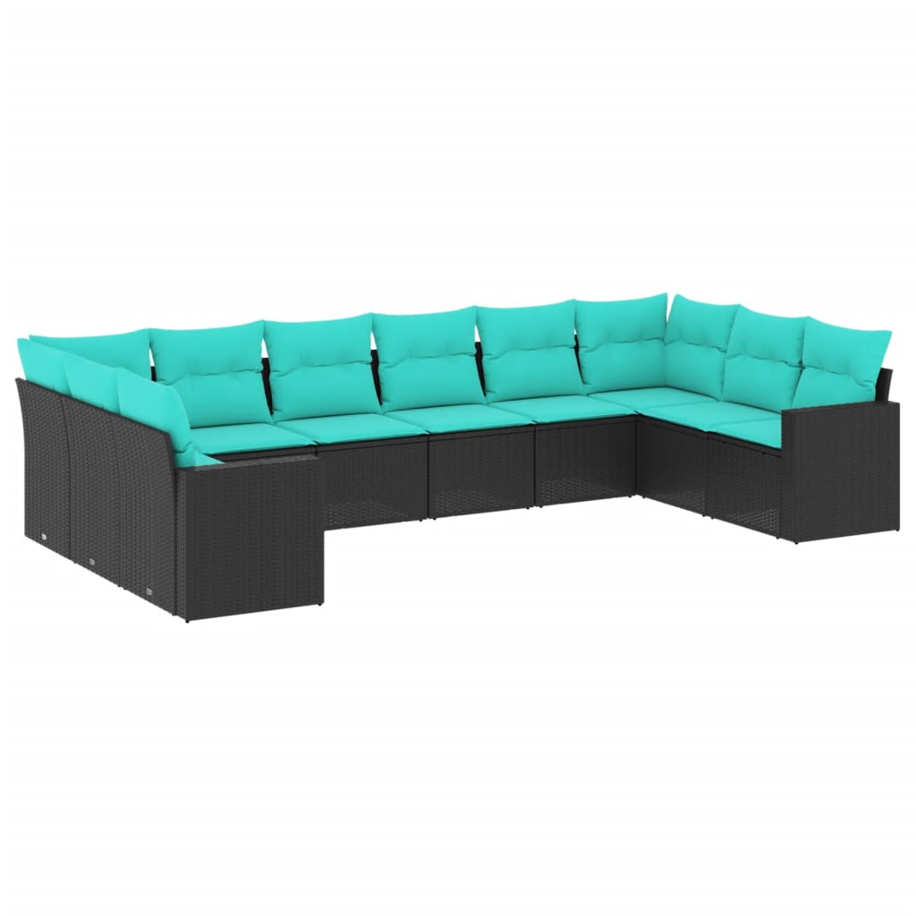 10-tlg. Garten-Sofagarnitur mit Kissen Schwarz Poly Rattan