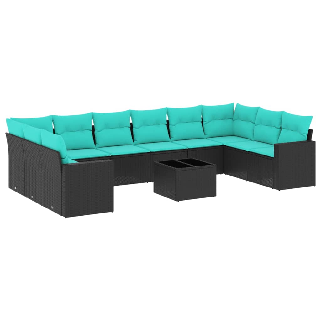 11-tlg. Garten-Sofagarnitur mit Kissen Schwarz Poly Rattan