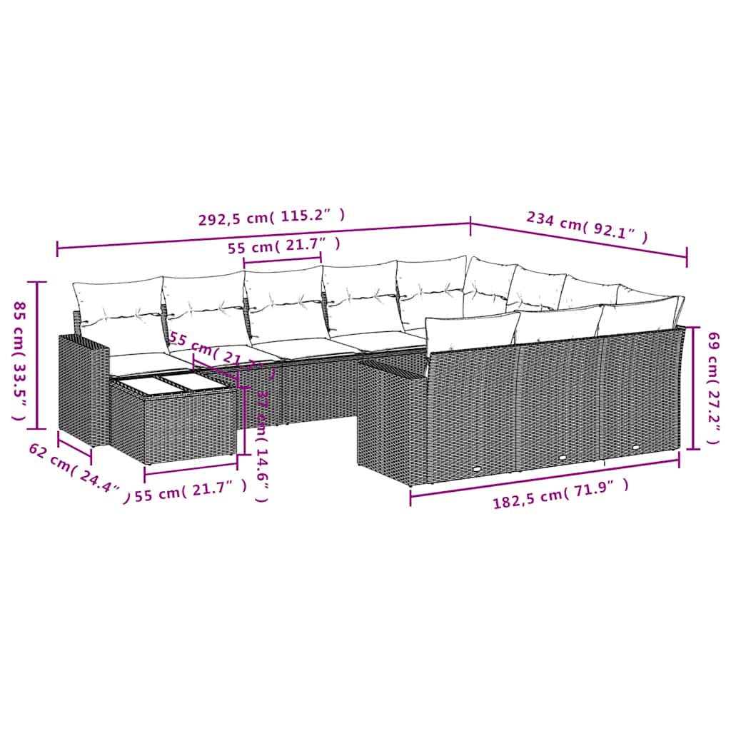 11-teiliges Gartensofa-Set mit Kissen, grau, Polyrattan
