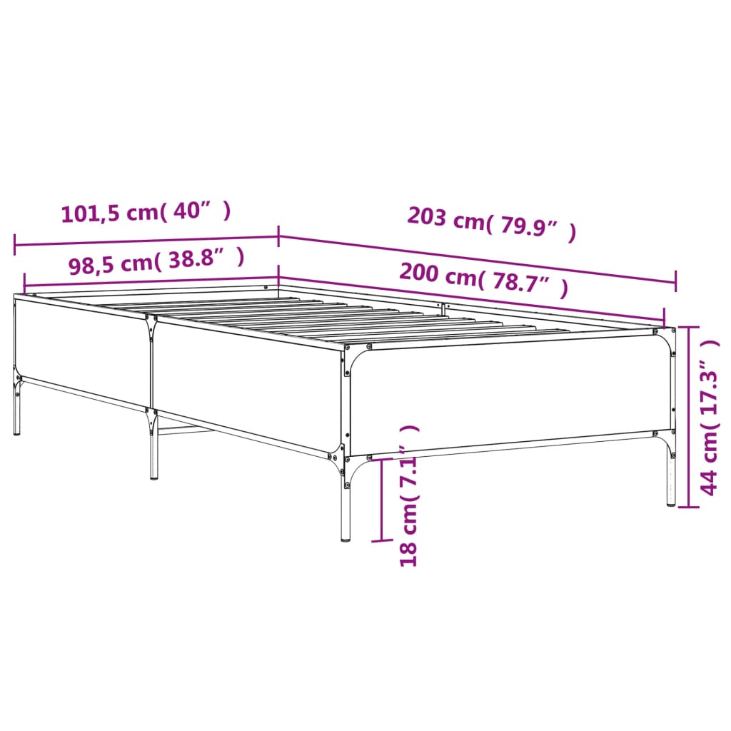 Cadre de lit Sonoma gris 100x200 cm en bois et métal