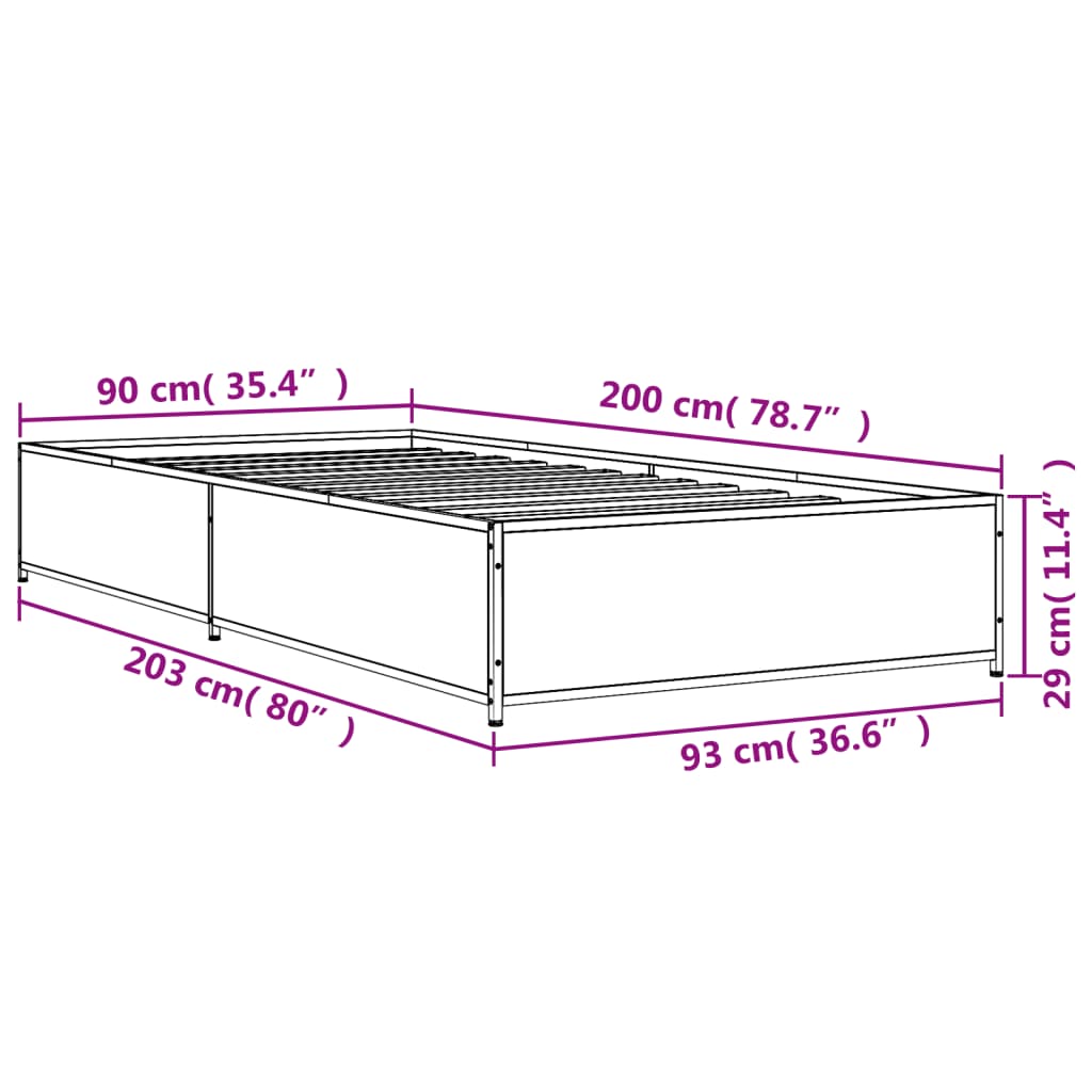 Bettgestell Braun Eichen-Optik 90x200 cm Holzwerkstoff Metall