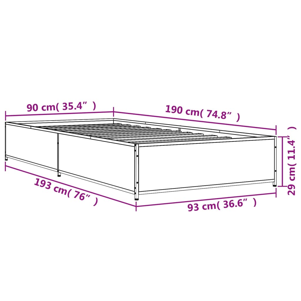 Cadre de lit aspect chêne marron 90x190 cm matière bois métal