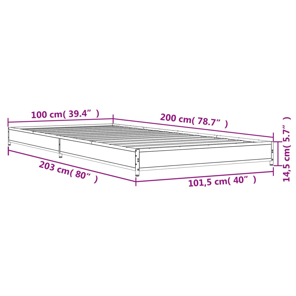 Cadre de lit Sonoma gris 100x200 cm en bois et métal