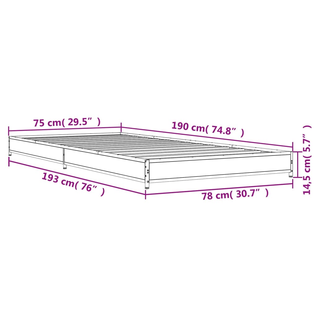 Bettgestell Braun Eichen-Optik 75x190 cm Holzwerkstoff Metall