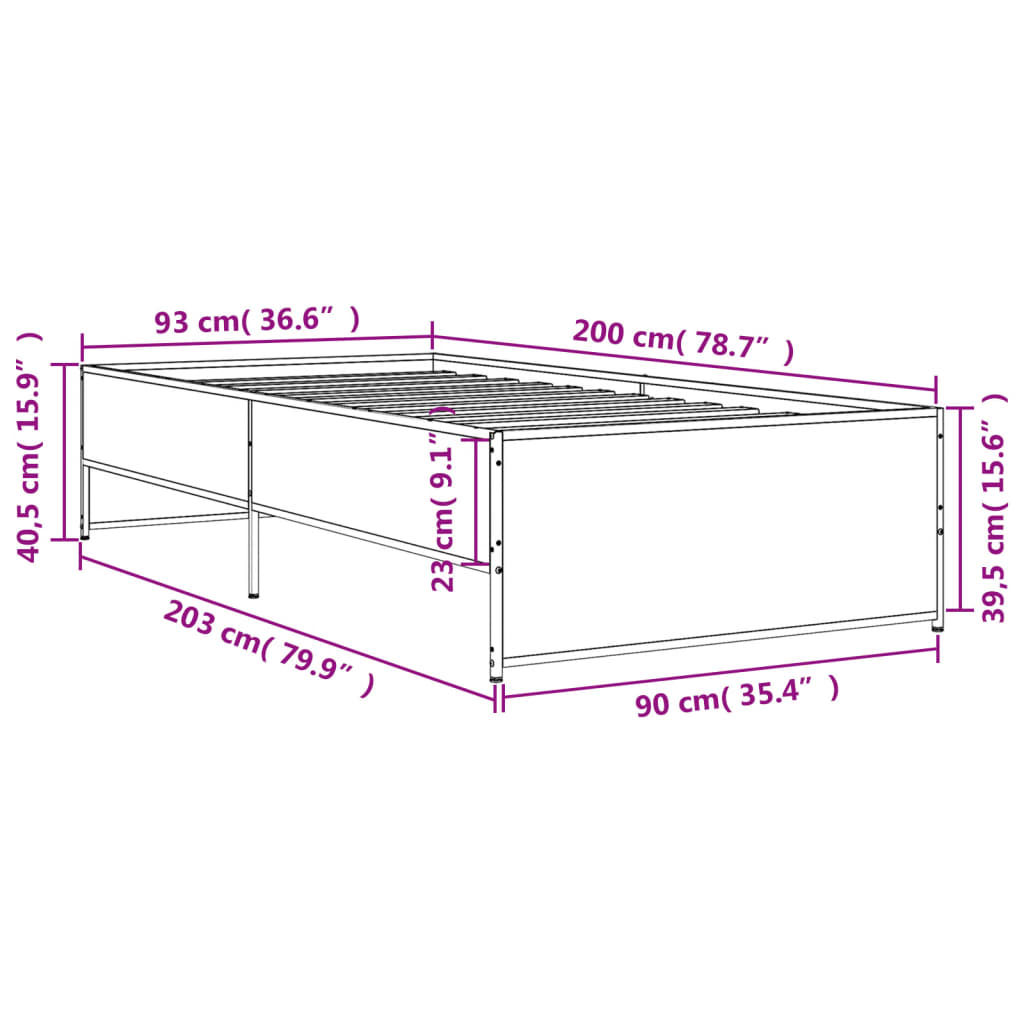 Cadre de lit aspect chêne marron 90x200 cm matière bois métal