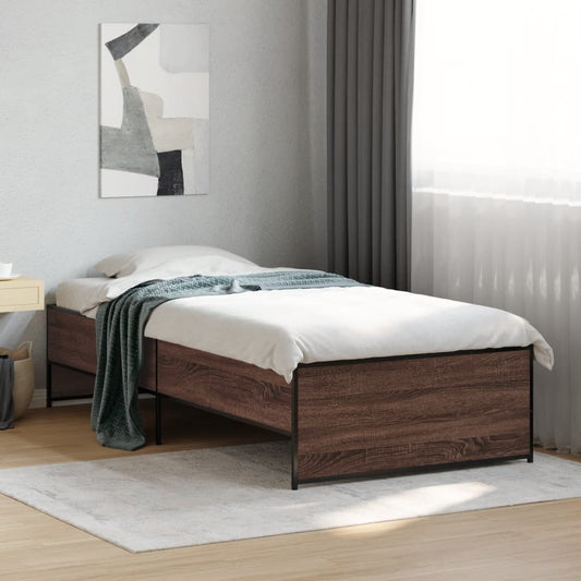 Cadre de lit aspect chêne marron 90x200 cm matière bois métal