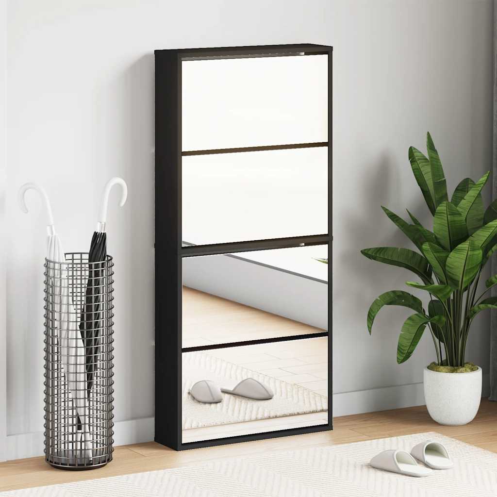 Schuhschrank mit Spiegel 4 Fächer Schwarz 63x17x134 cm