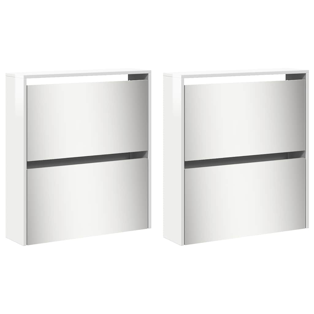 Schuhschrank mit Spiegel 4 Fächer Hochglanz-Weiß 63x17x134 cm