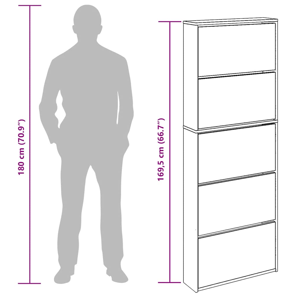 Schuhschrank mit Spiegel 5 Fächer Hochglanz-Weiß 63x17x169,5 cm
