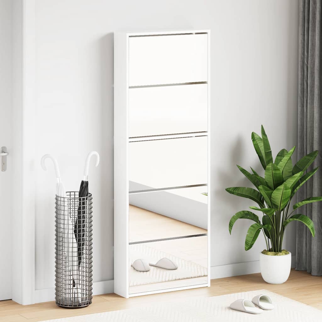 Schuhschrank mit Spiegel 5 Fächer Hochglanz-Weiß 63x17x169,5 cm