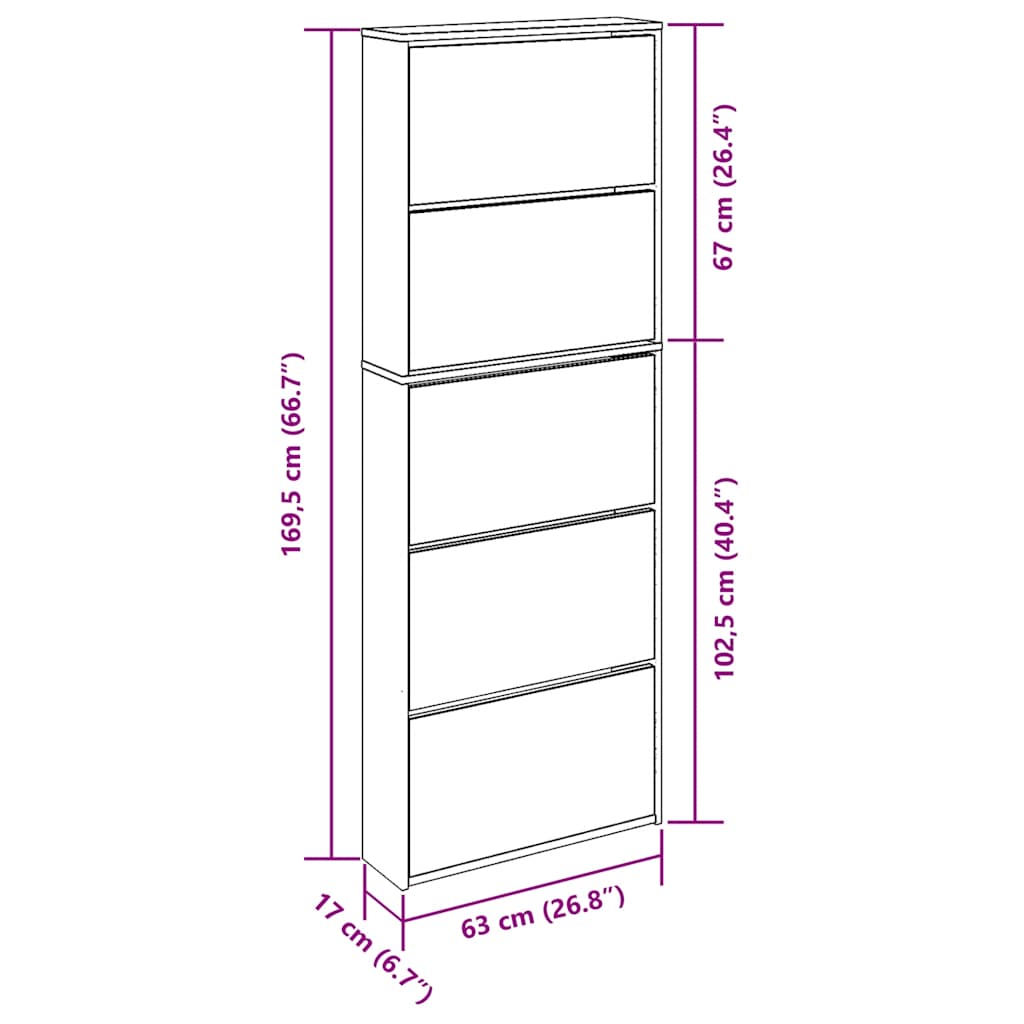 Schuhschrank mit Spiegel 5 Fächer Grau Sonoma 63x17x169,5 cm