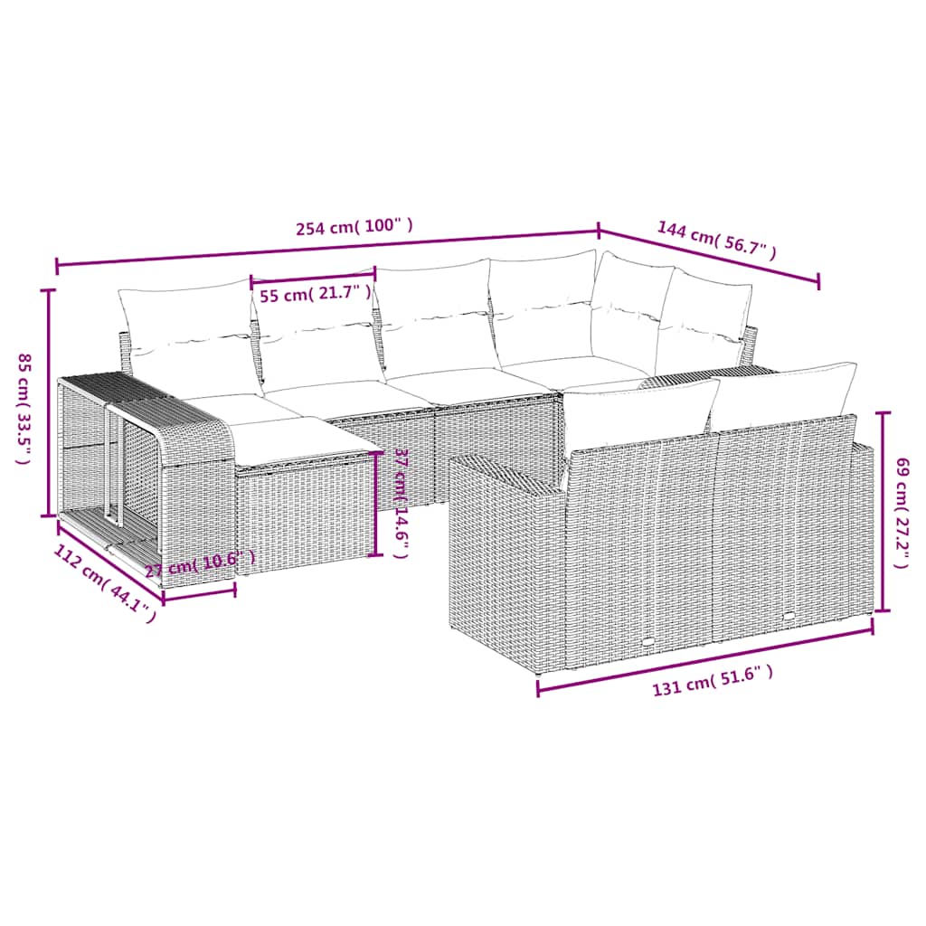 10-tlg. Garten-Sofagarnitur mit Kissen Schwarz Poly Rattan