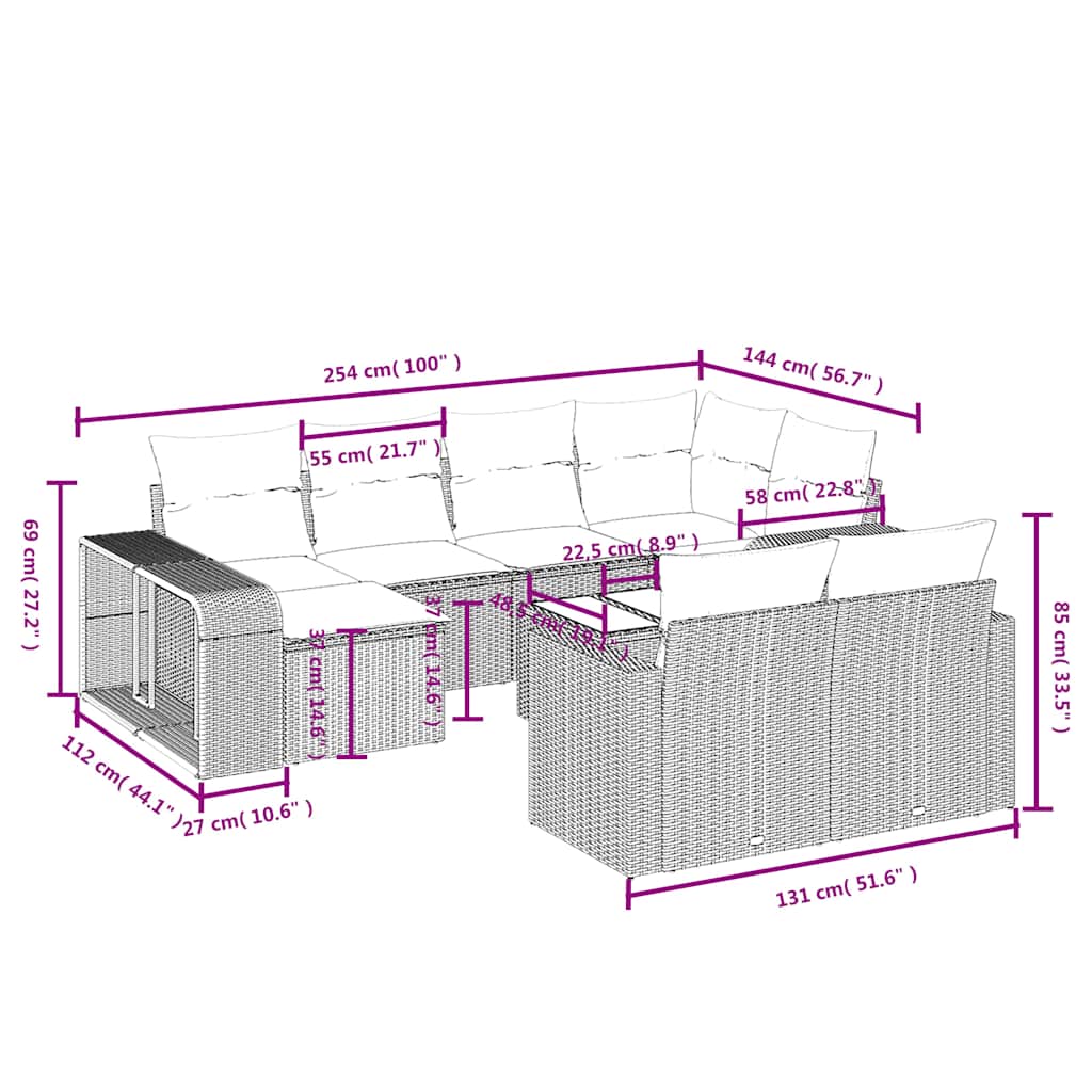 11-teiliges Gartensofa-Set mit Kissen, grau, Polyrattan