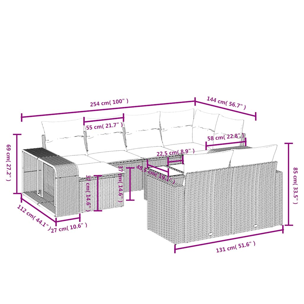 11-teiliges Gartensofa-Set mit Kissen, braun, Polyrattan