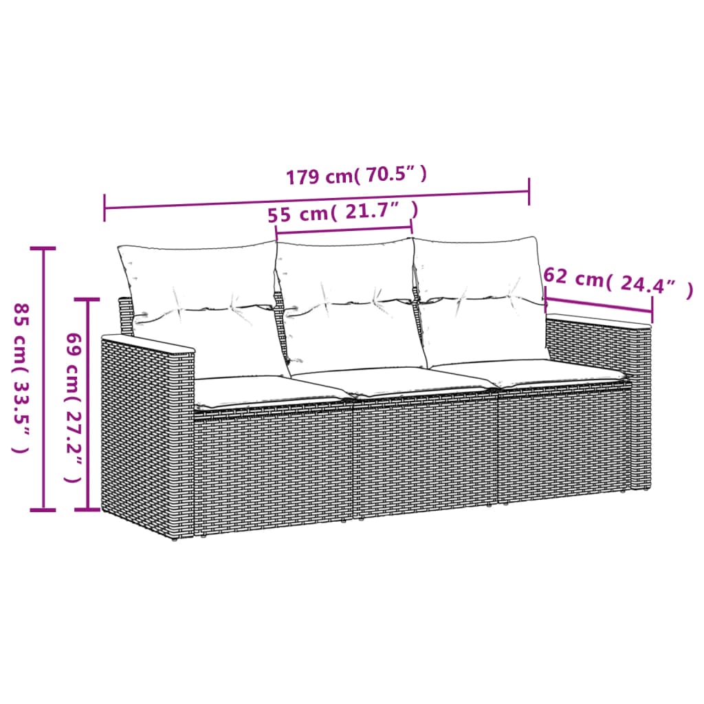 3-teiliges Gartensofa-Set mit Kissen, grau, Polyrattan