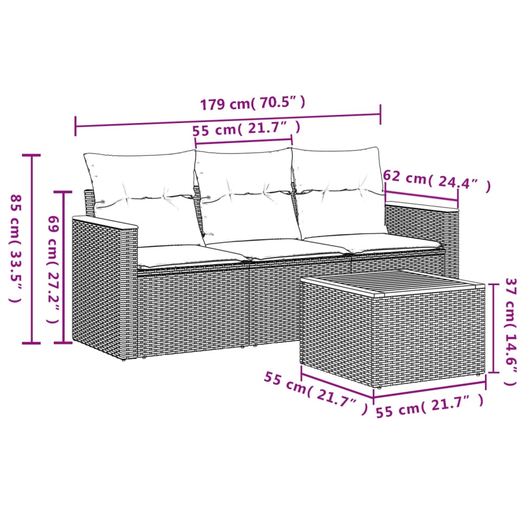 4-teiliges Gartensofa-Set mit Kissen, schwarzes Polyrattan
