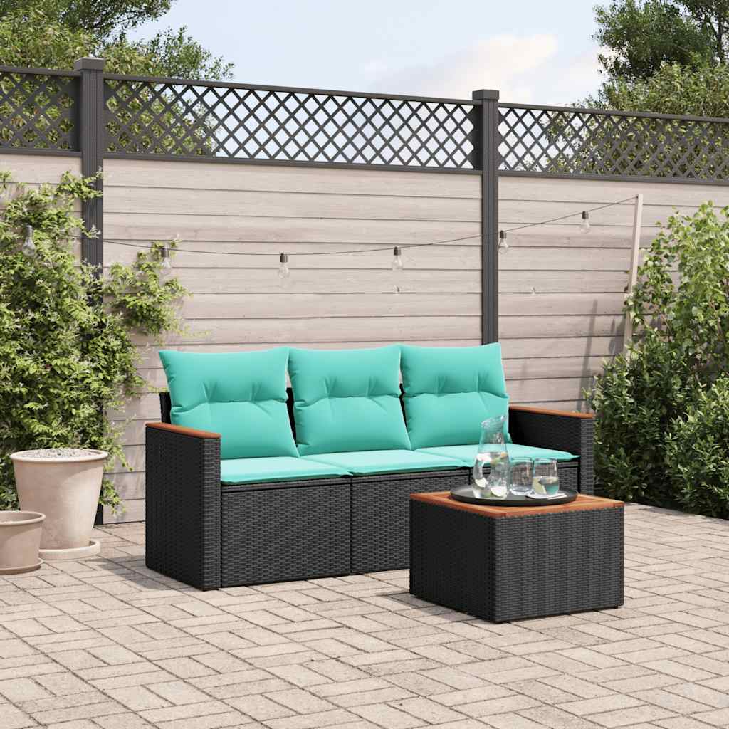 4-teiliges Gartensofa-Set mit Kissen, schwarzes Polyrattan