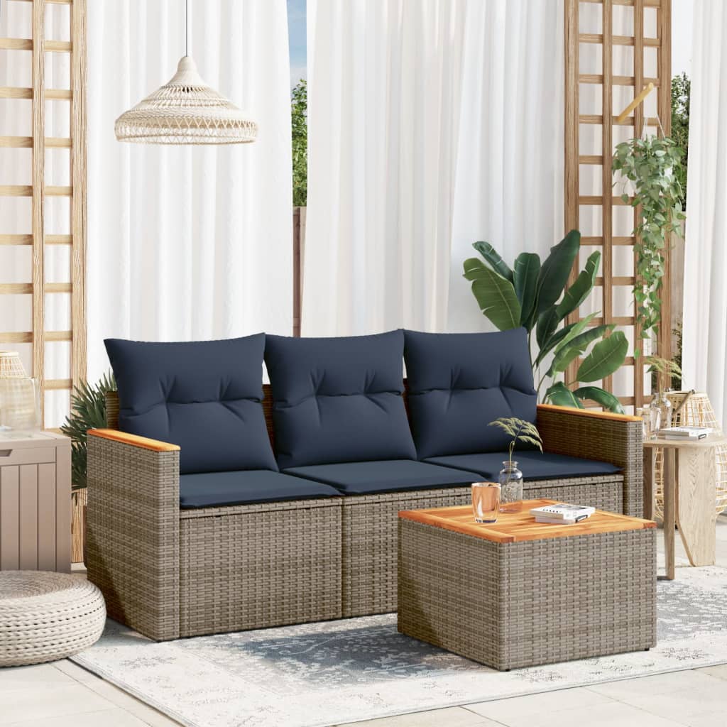 4-teiliges Gartensofa-Set mit Kissen, grau, Polyrattan