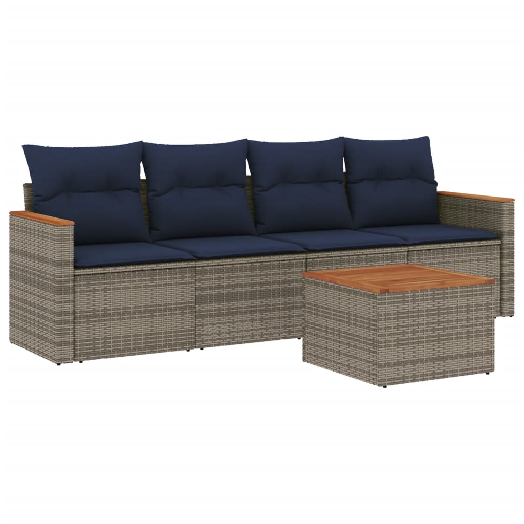 5-teiliges Gartensofa-Set mit Kissen, grau, Polyrattan
