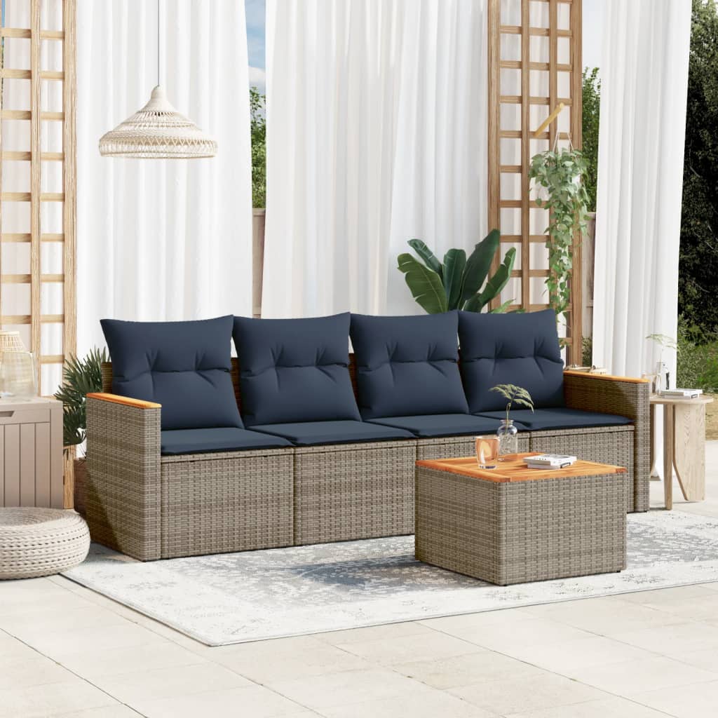 5-teiliges Gartensofa-Set mit Kissen, grau, Polyrattan
