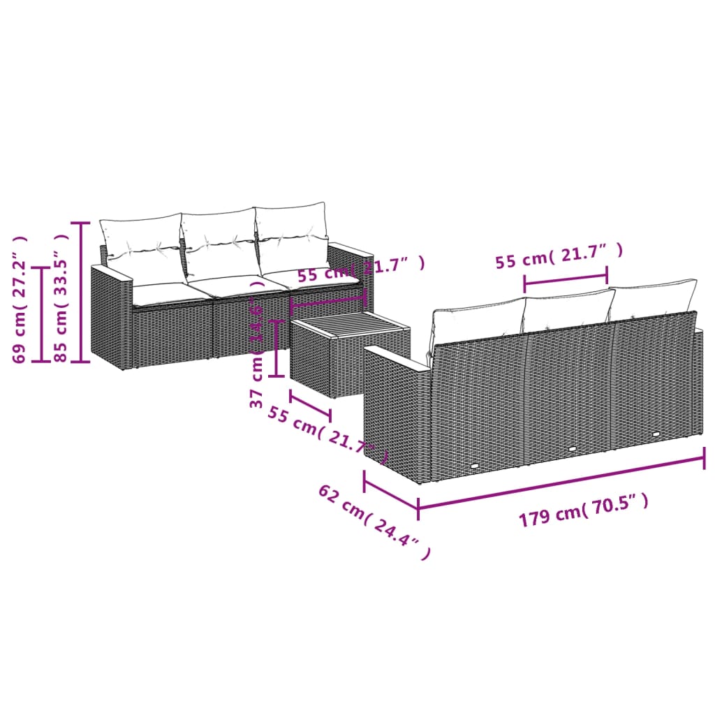7-teiliges Gartensofa-Set mit Kissen, grau, Polyrattan