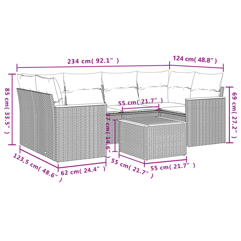 7-tlg. Garten-Sofagarnitur mit Kissen Beige Poly Rattan