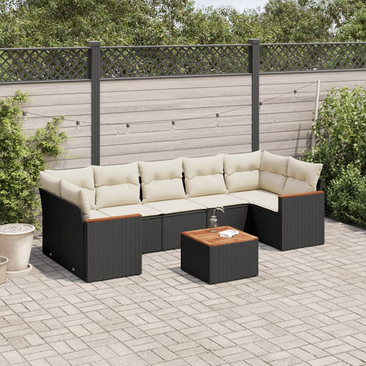 8-piece garden sofa set with cushions, black poly rattan