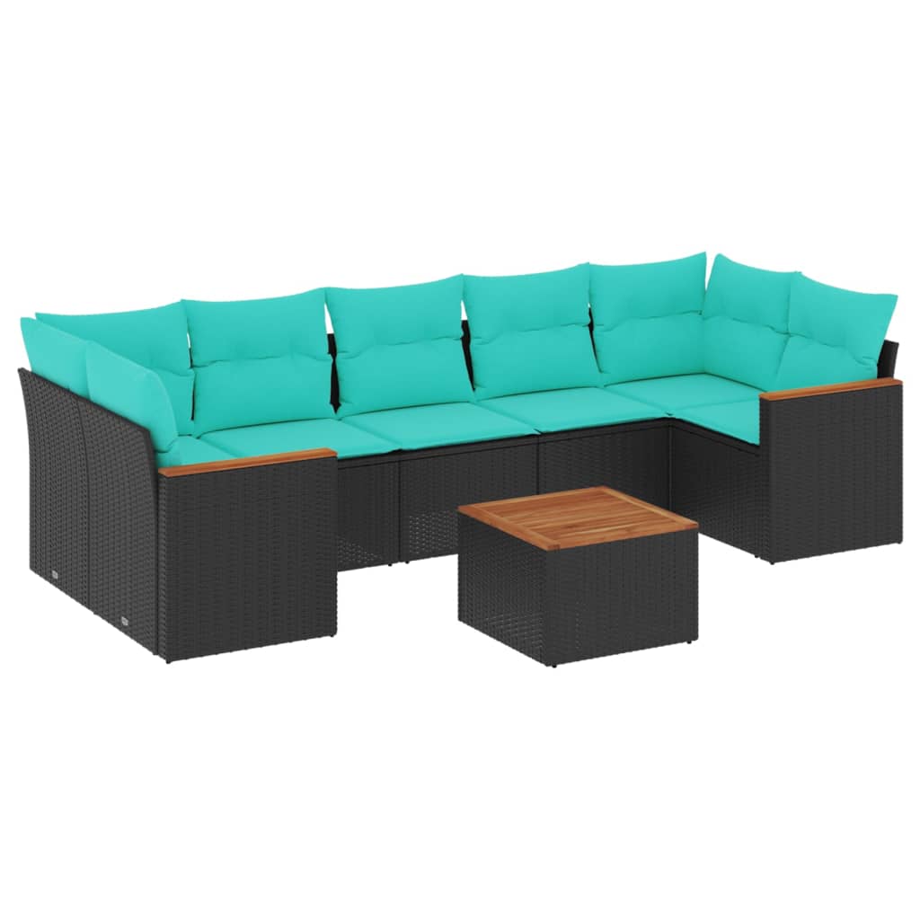 8-teiliges Gartensofa-Set mit Kissen, schwarzes Polyrattan