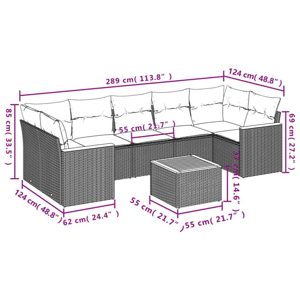 8-teiliges Gartensofa-Set mit Kissen, schwarzes Polyrattan