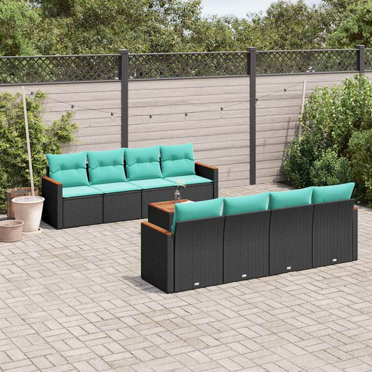 9-teiliges Gartensofa-Set mit Kissen, schwarzes Polyrattan