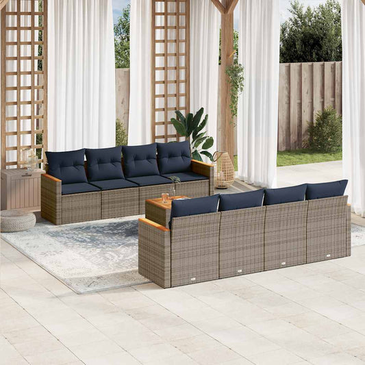 9-teiliges Gartensofa-Set mit Kissen, grau, Polyrattan