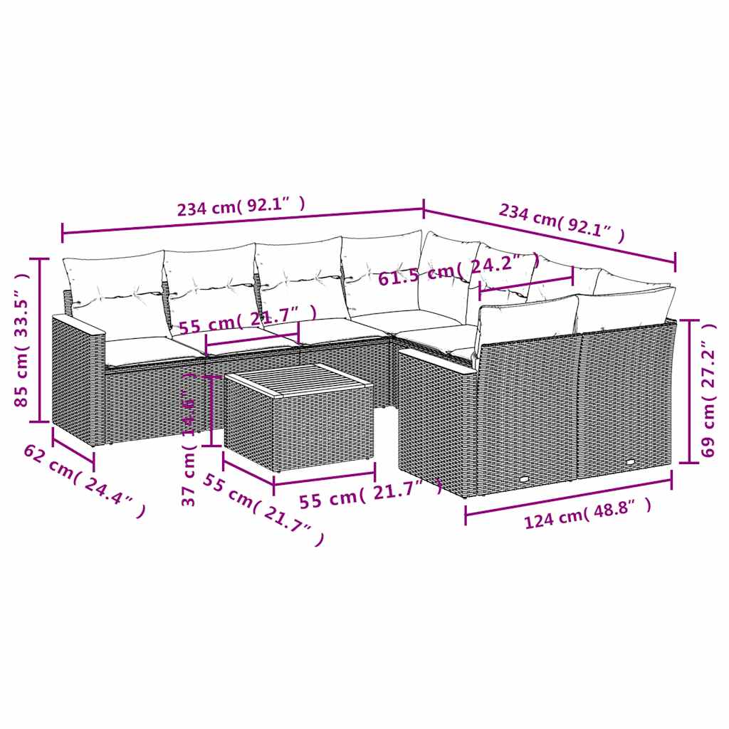 9-teiliges Gartensofa-Set mit Kissen, schwarzes Polyrattan