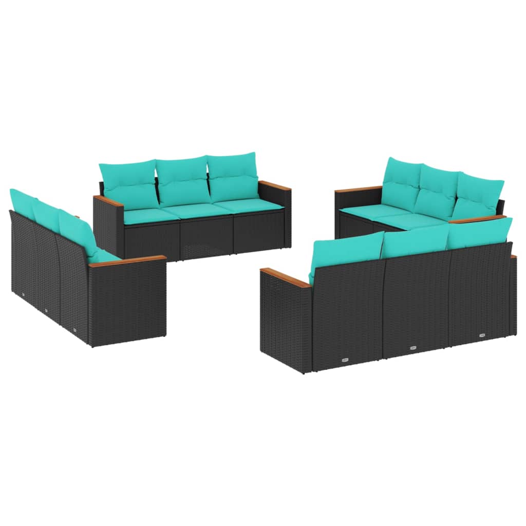 12-teiliges Gartensofa-Set mit Kissen, schwarzes Polyrattan