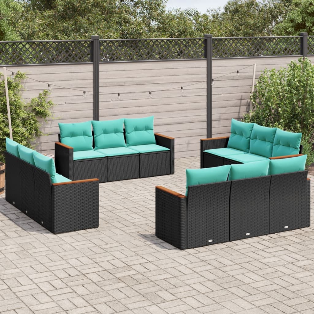 12-teiliges Gartensofa-Set mit Kissen, schwarzes Polyrattan