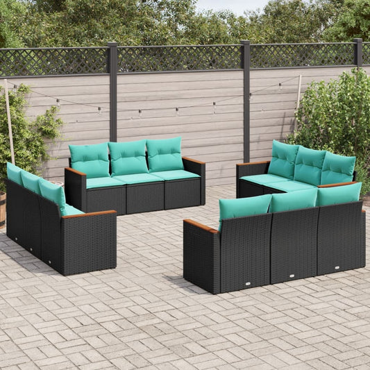 12-teiliges Gartensofa-Set mit Kissen, schwarzes Polyrattan