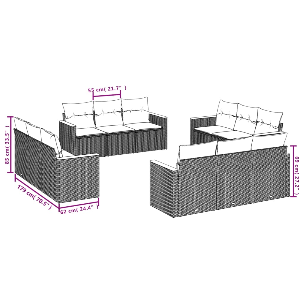 12-teiliges Gartensofa-Set mit Kissen, grau, Polyrattan