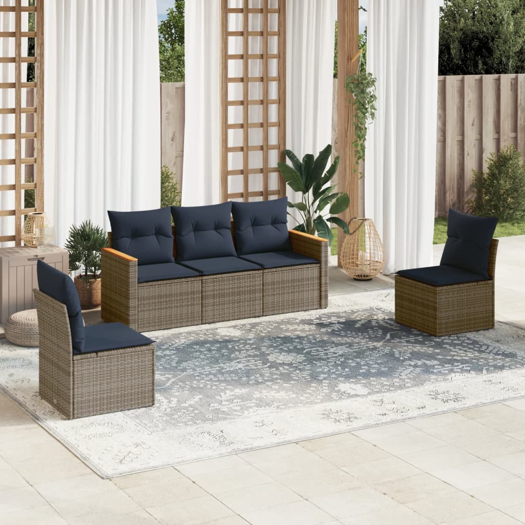 5-teiliges Gartensofa-Set mit Kissen, grau, Polyrattan