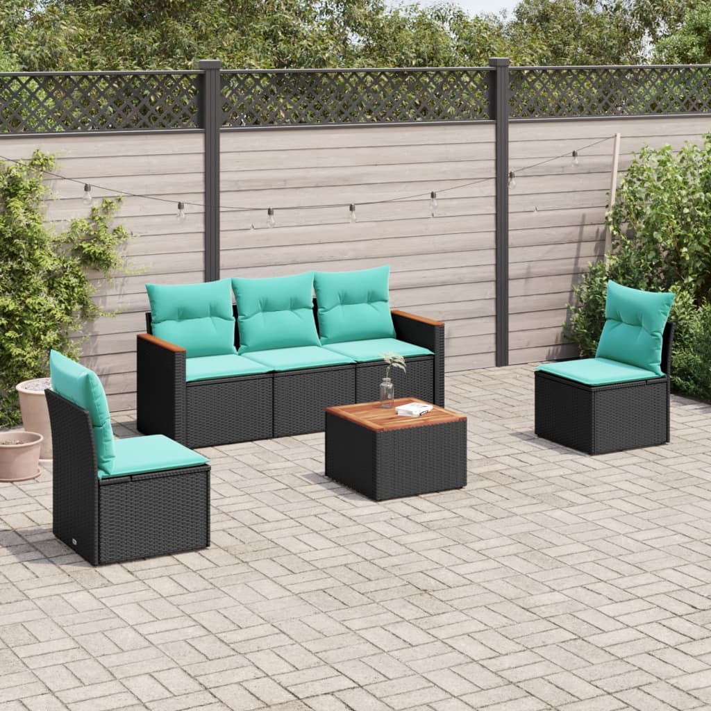 6-teiliges Gartensofa-Set mit Kissen, schwarzes Polyrattan