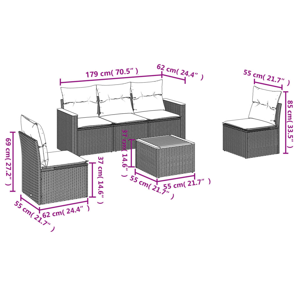 6-teiliges Gartensofa-Set mit Kissen, grau, Polyrattan
