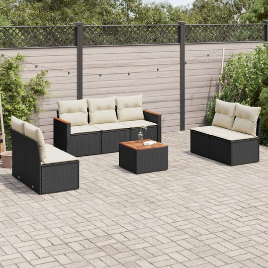 8-piece garden sofa set with cushions, black poly rattan