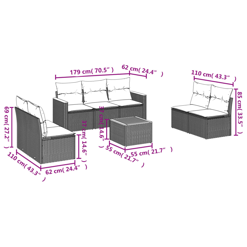 8-teiliges Gartensofa-Set mit Kissen, grau, Polyrattan