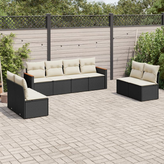 8-piece garden sofa set with cushions, black poly rattan