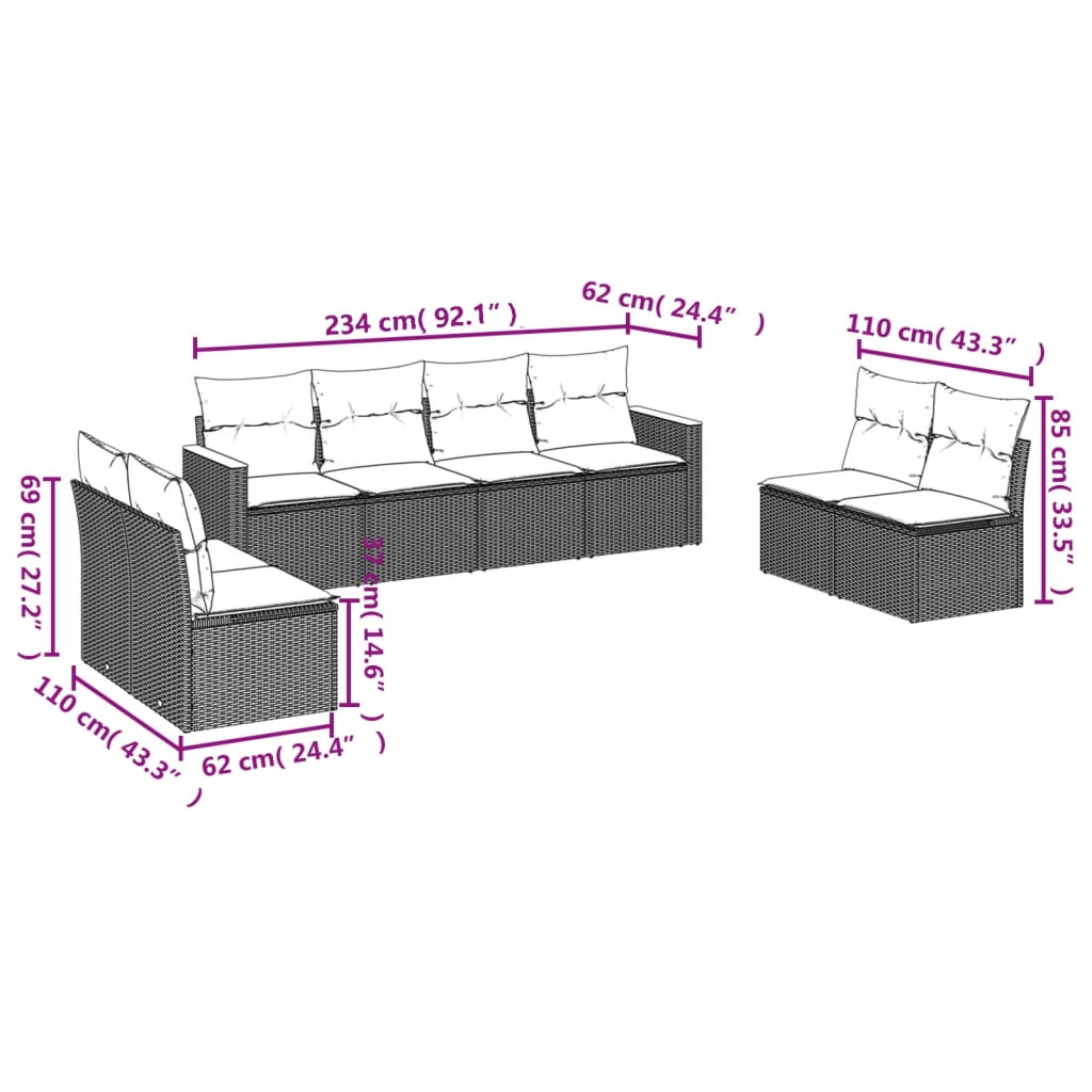 8-teiliges Gartensofa-Set mit Kissen, grau, Polyrattan