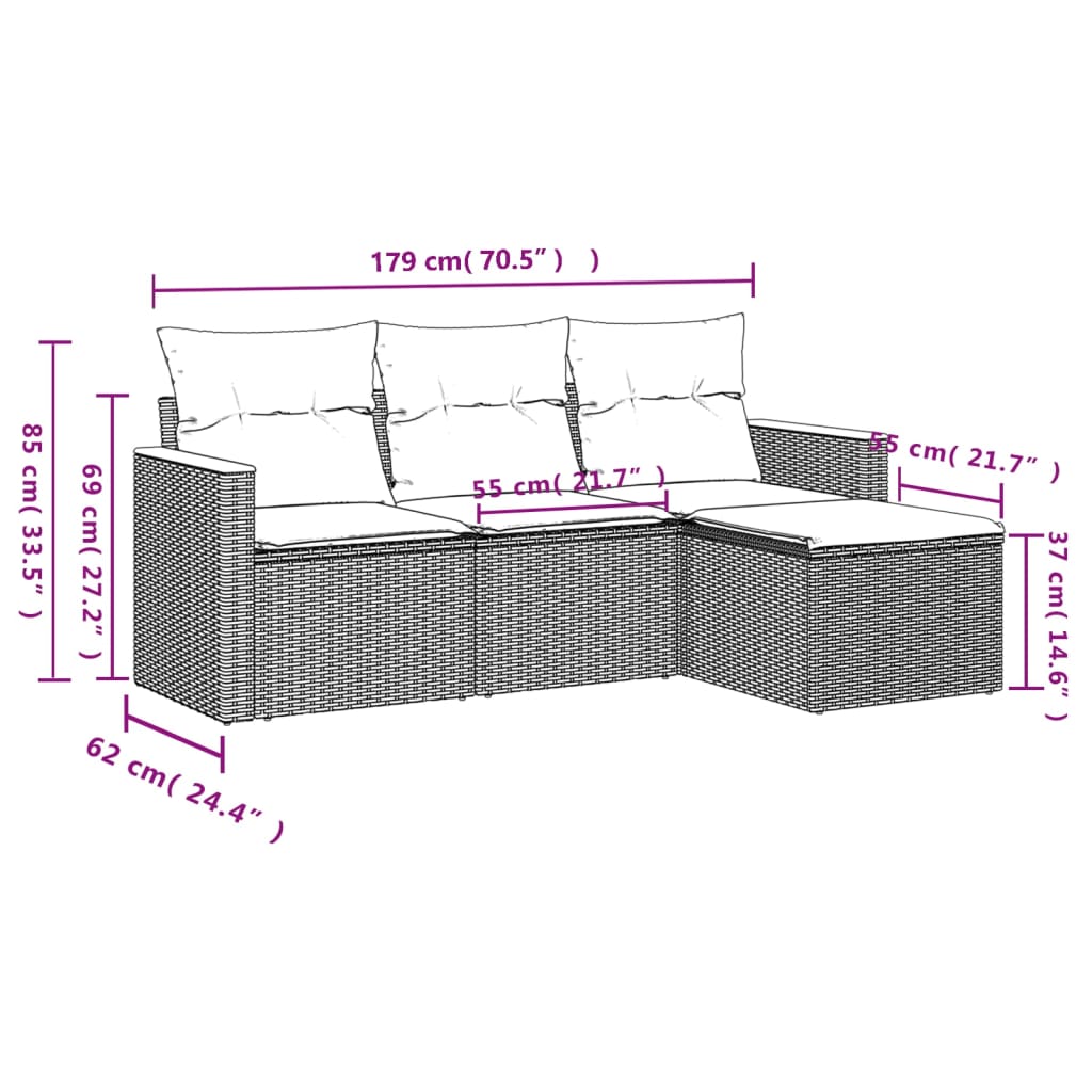 4-teiliges Gartensofa-Set mit Kissen, grau, Polyrattan