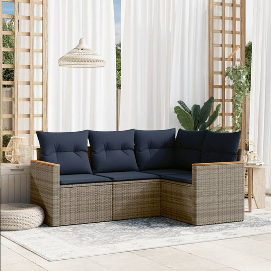 4-teiliges Gartensofa-Set mit Kissen, grau, Polyrattan