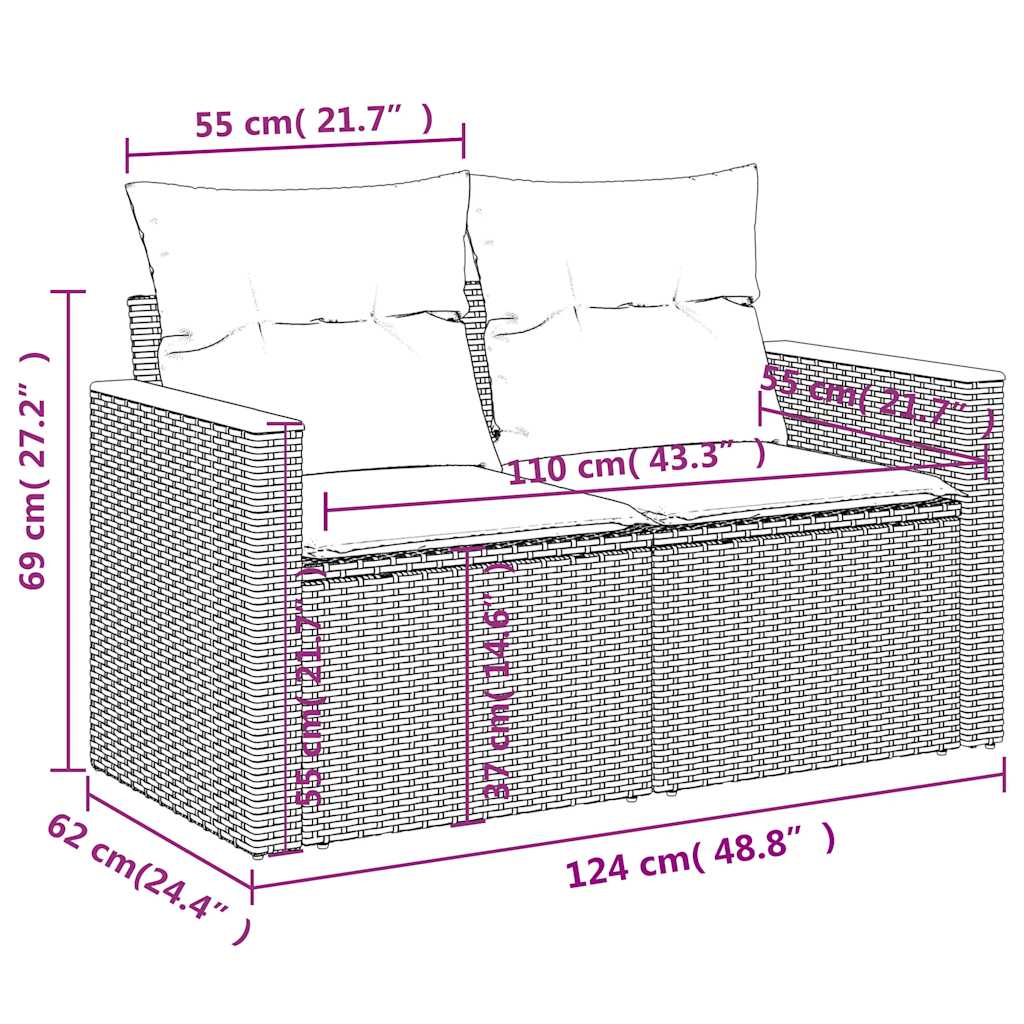 5-teiliges Gartensofa-Set mit Kissen, grau, Polyrattan