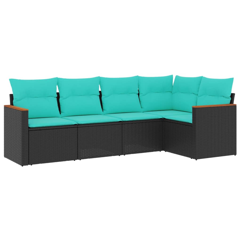 5-teiliges Gartensofa-Set mit Kissen, schwarzes Polyrattan