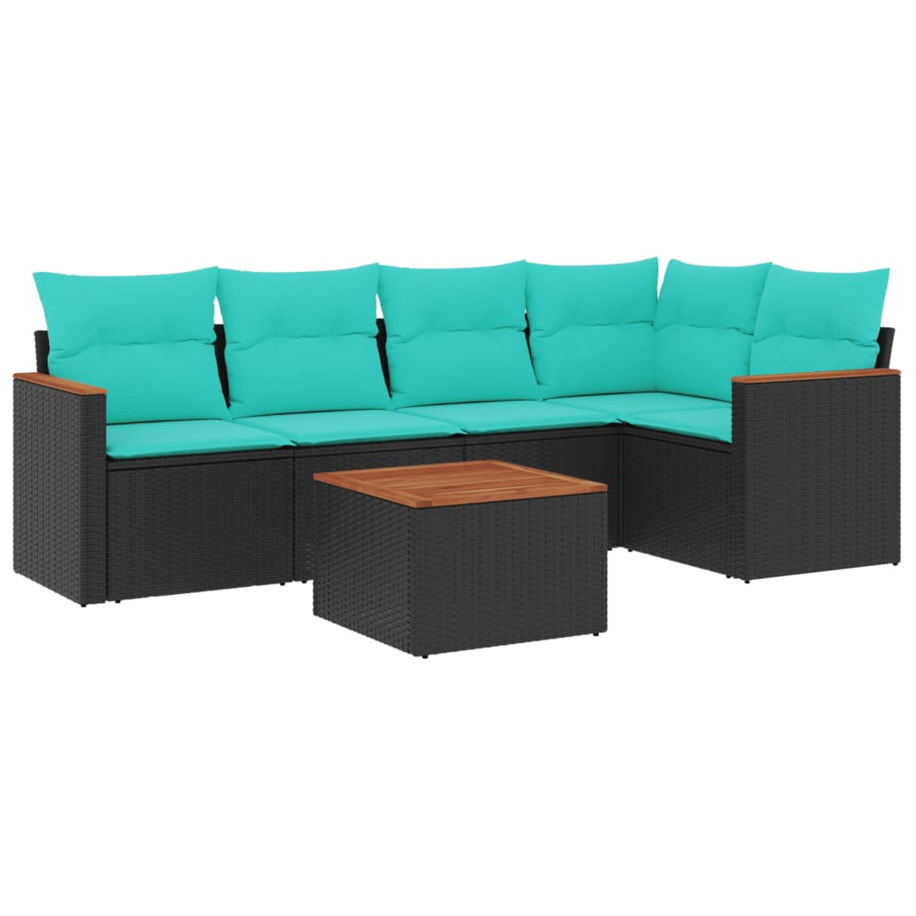 6-teiliges Gartensofa-Set mit Kissen, schwarzes Polyrattan