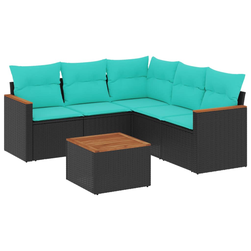 6-teiliges Gartensofa-Set mit Kissen, schwarzes Polyrattan