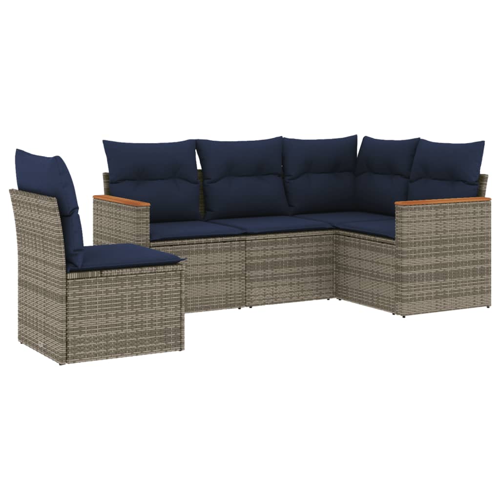 5-teiliges Gartensofa-Set mit Kissen, grau, Polyrattan